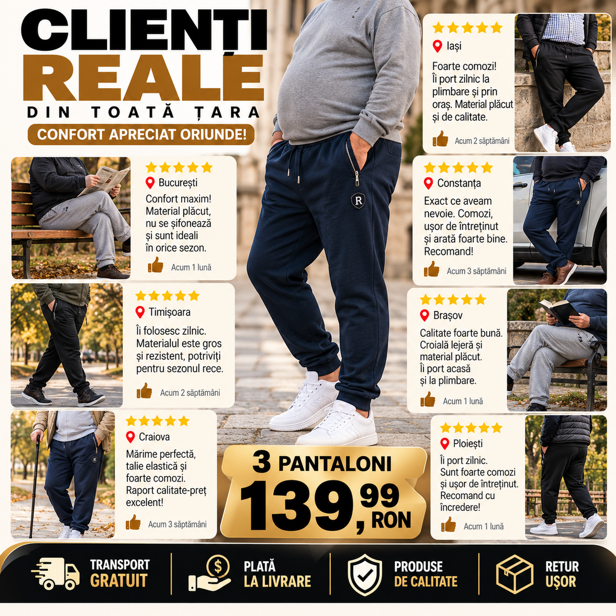 3 Bucați pantaloni trening confort pentru bărbați bumbac