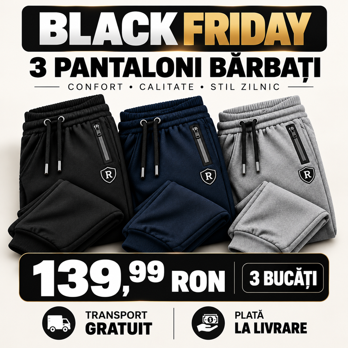3 Bucați pantaloni trening confort pentru bărbați bumbac