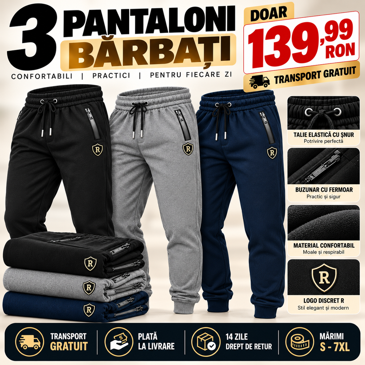 3 Bucați pantaloni trening confort pentru bărbați bumbac