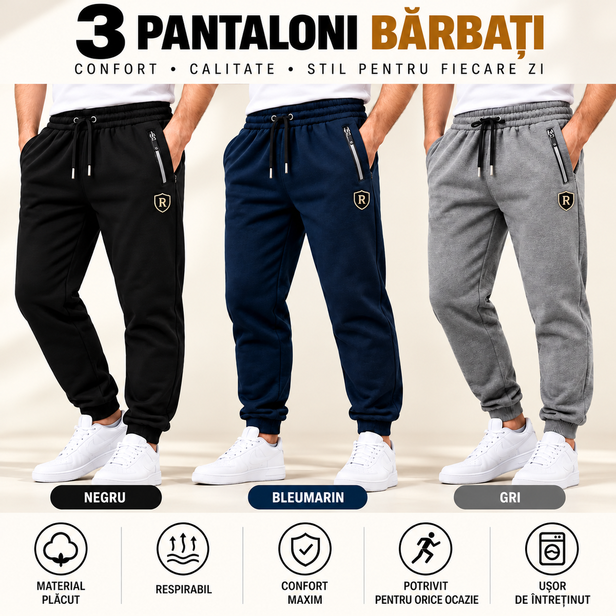 3 Bucați pantaloni trening confort pentru bărbați bumbac